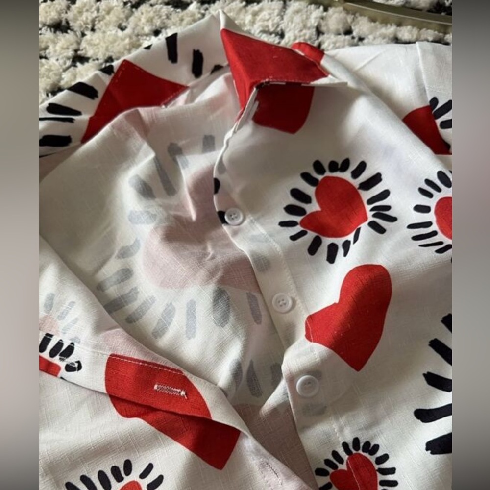 Boho Heart Print Button Down Up Shirt Top Blouse - Picture 10 of 11
